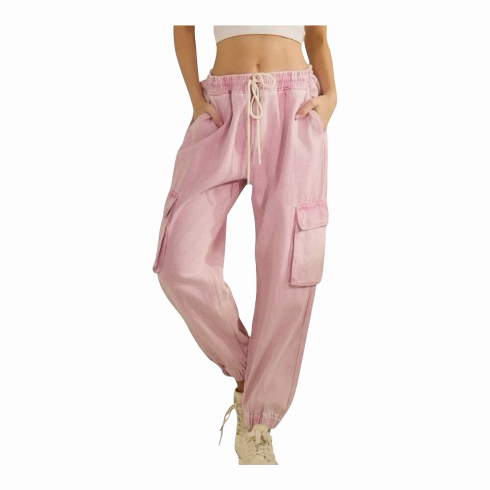Sage + Fig Pink Denim Cargo Joggers Drawstring Utility Pants Women’s Small NWT